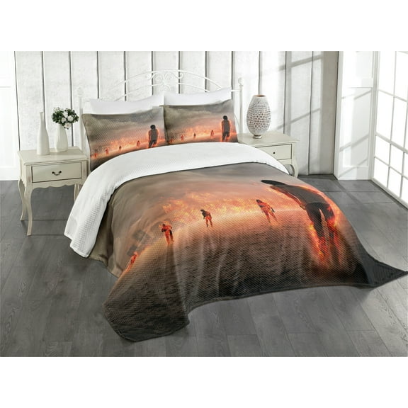 Ambesonne Zombie Quilted Bedspread Set 3 Pcs, People in, Queen Size, Pearl Eggshell Vermilion
