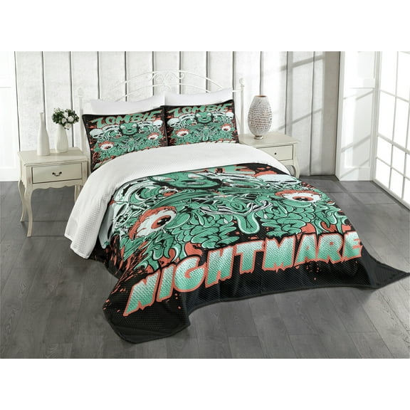Ambesonne Zombie Quilted Bedspread Set 3 Pcs, Retro Skulls Ghost, King Size, Jade Green Salmon Black