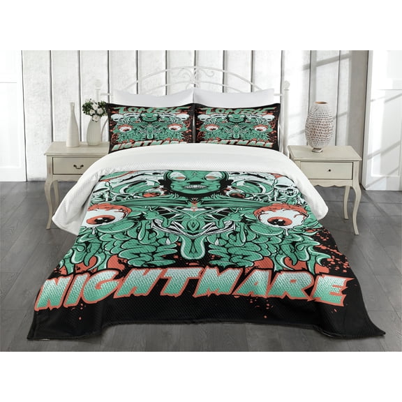 Ambesonne Zombie Quilted Bedspread Set 3 Pcs, Retro Skulls Ghost, Queen Size, Jade Green Salmon Black