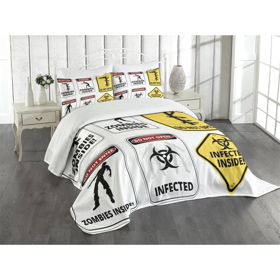 Ambesonne Zombie Quilted Bedspread Set 3 Pcs, Warning Signs Evil, King Size, Multicolor