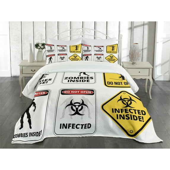 Ambesonne Zombie Quilted Bedspread Set 3 Pcs, Warning Signs Evil, Queen Size, Multicolor