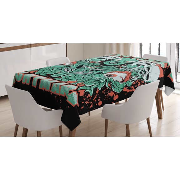 Ambesonne Zombie Tablecloth Rectangular Table Cover, Retro Skulls Ghost, 52"x70", Jade Green Salmon Black
