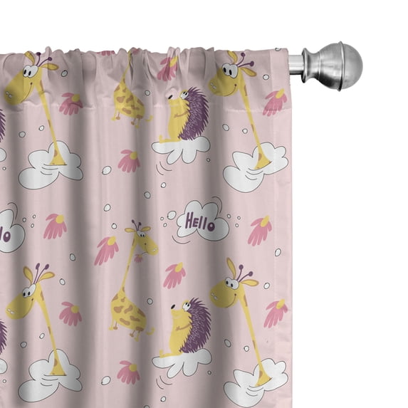 Ambesonne Zoo Window Curtains, Giraffe Hedgehog on Clouds Art, Each 28" W x 84" L, Mustard Pale Eggplant