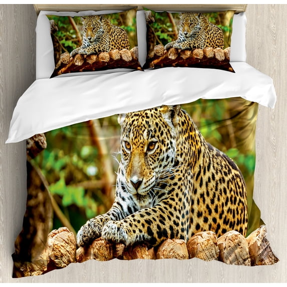 Ambesonne Zoo Duvet Cover Set, Jaguar on Wood Wild Feline, Queen, Green Yellow Brown