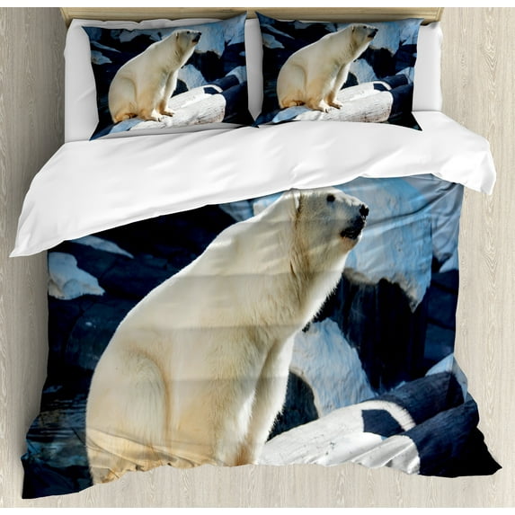 Ambesonne Zoo Duvet Cover Sets, Polar Bear in Park Rocks, 2-King, Pale Blue Black Cream