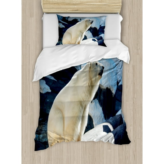 Ambesonne Zoo Duvet Cover Sets, Polar Bear in Park Rocks, 2-Twin, Pale Blue Black Cream