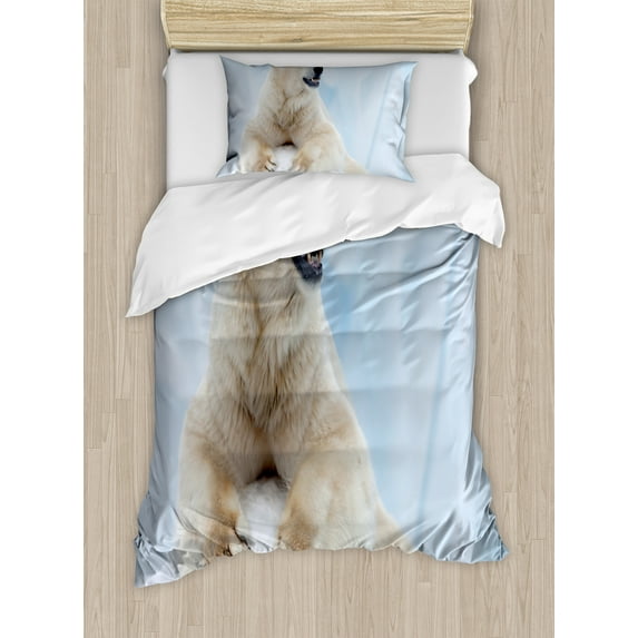 Ambesonne Zoo Duvet Cover Sets, White Polar Bear on Ice, 2-Twin, Pale Blue Cream White