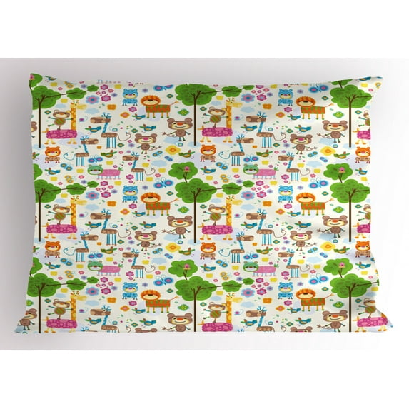 Ambesonne Zoo Pillow Sham, Happy Jungle Zoo Animals, 26" X 20", Multicolor