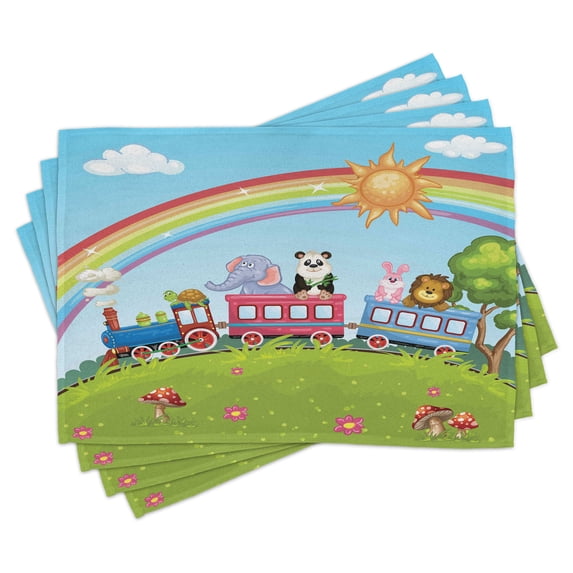 Ambesonne Zoo Place Mats Set of 4, Animal Train Rainbow Funny, Standard Size, Multicolor