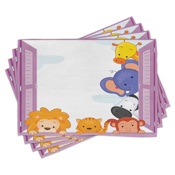 Ambesonne Zoo Place Mats Set of 4, Animals Peeping Window, Standard Size, Multicolor