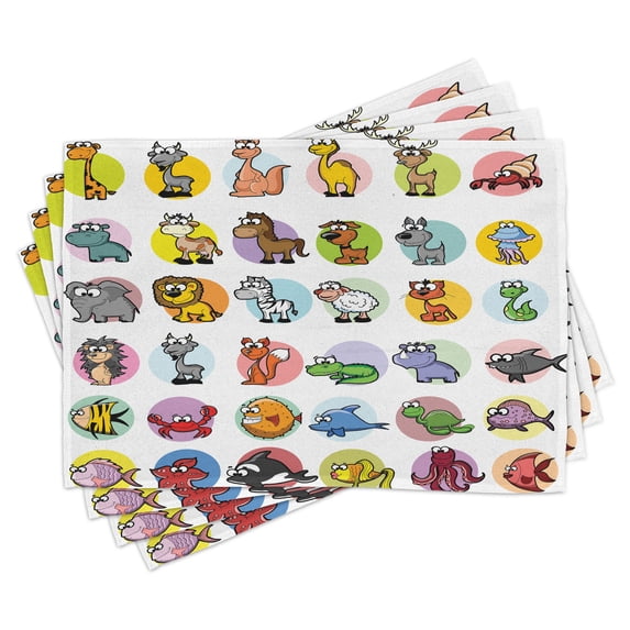 Ambesonne Zoo Place Mats Set of 4, Funny Cartoon Animals Set, Standard Size, Multicolor