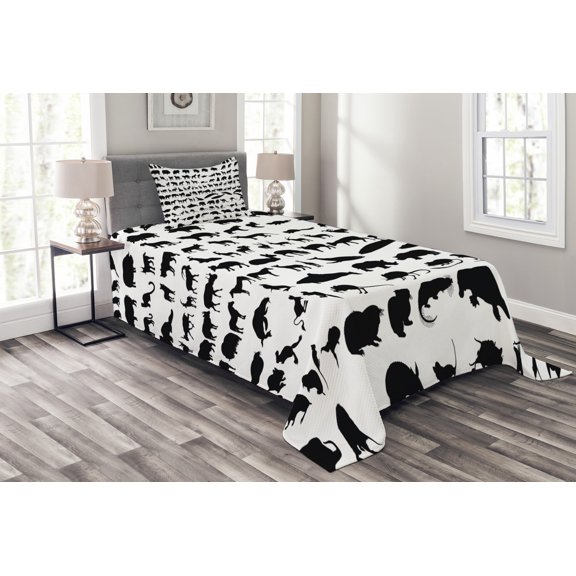 Ambesonne Zoo Quilted Bedspread Set 2 Pcs, Animal Silhouettes Habitat, Twin Size, Black White