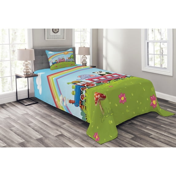 Ambesonne Zoo Quilted Bedspread Set 2 Pcs, Animal Train Rainbow Funny, Twin Size, Multicolor
