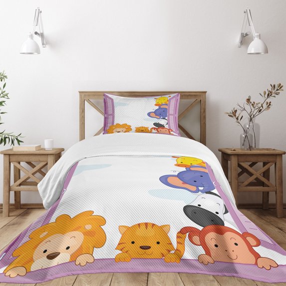 Ambesonne Zoo Quilted Bedspread Set 2 Pcs, Animals Peeping Window, Twin Size, Multicolor