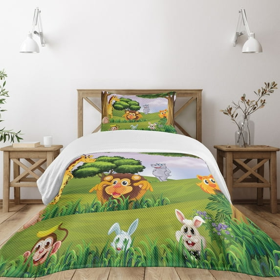 Ambesonne Zoo Quilted Bedspread Set 2 Pcs, Animals in Forest Savannah Art, Twin Size, Multicolor
