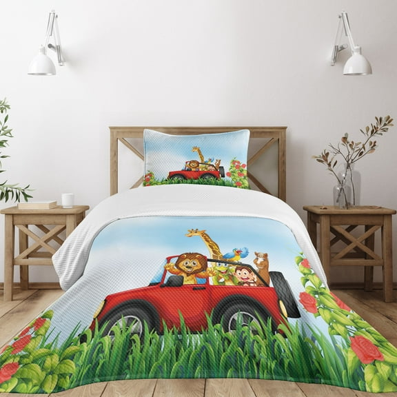 Ambesonne Zoo Quilted Bedspread Set 2 Pcs, Cartoon Wildlife Animals, Twin Size, Multicolor