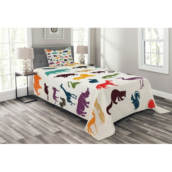 Ambesonne Zoo Quilted Bedspread Set 2 Pcs, Colorful Silhouettes Savannah, Twin Size,