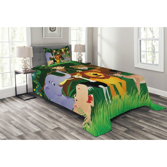 Ambesonne Zoo Quilted Bedspread Set 2 Pcs, Exotic Jungle Cheerful Fun, Twin Size, Multicolor