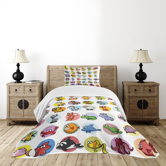 Ambesonne Zoo Quilted Bedspread Set 2 Pcs, Funny Cartoon Animals Set, Twin Size, Multicolor