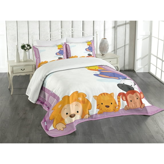 Ambesonne Zoo Quilted Bedspread Set 3 Pcs, Animals Peeping Window, King Size, Multicolor