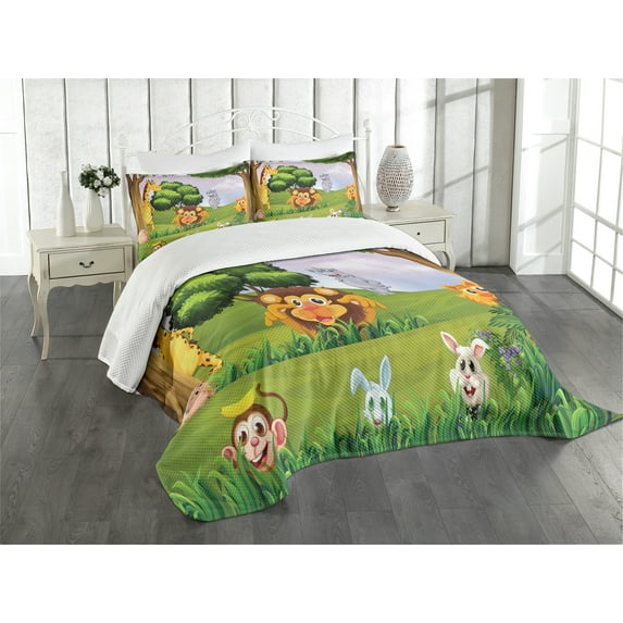 Ambesonne Zoo Quilted Bedspread Set 3 Pcs, Animals in Forest Savannah Art, King Size, Multicolor