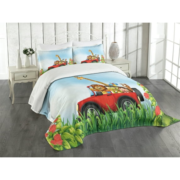 Ambesonne Zoo Quilted Bedspread Set 3 Pcs, Cartoon Wildlife Animals, King Size, Multicolor