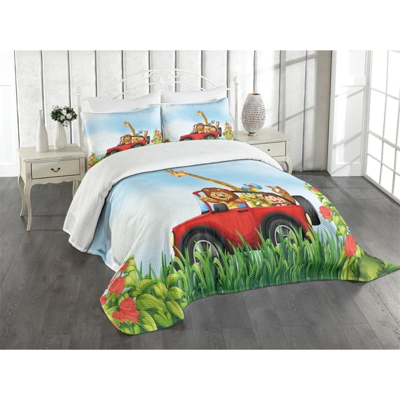 Ambesonne Zoo Quilted Bedspread Set 3 Pcs, Cartoon Wildlife Animals, Queen Size, Multicolor