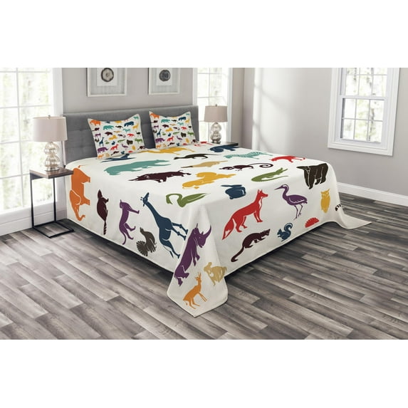 Ambesonne Zoo Quilted Bedspread Set 3 Pcs, Colorful Silhouettes Savannah, King Size,
