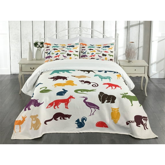 Ambesonne Zoo Quilted Bedspread Set 3 Pcs, Colorful Silhouettes Savannah, Queen Size,