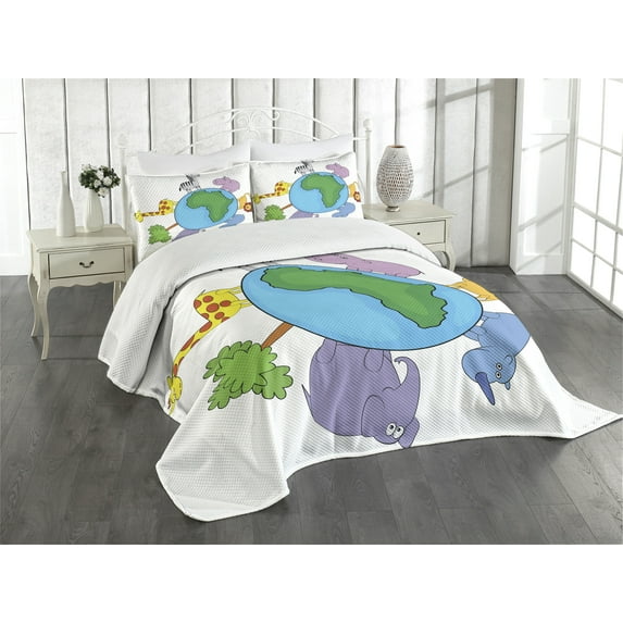 Ambesonne Zoo Quilted Bedspread Set 3 Pcs, Continent Fauna, Queen Size, Multicolor