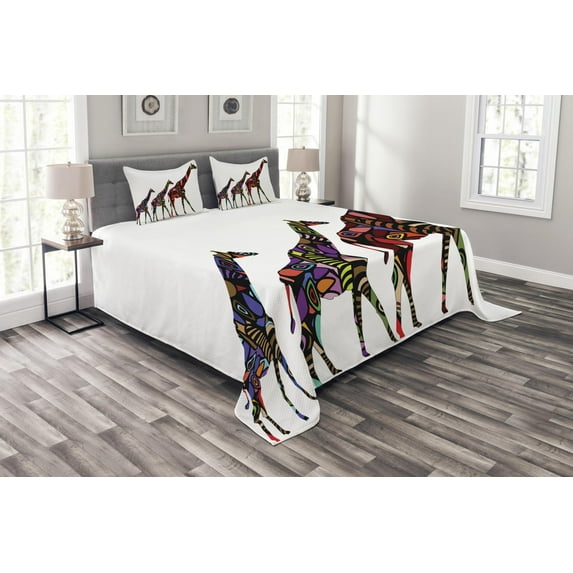 Ambesonne Zoo Quilted Bedspread Set 3 Pcs, Giraffes, King Size, Multicolor