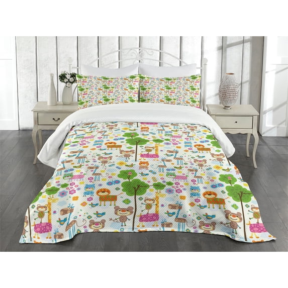 Ambesonne Zoo Quilted Bedspread Set 3 Pcs, Happy Jungle Zoo Animals, Queen Size, Multicolor