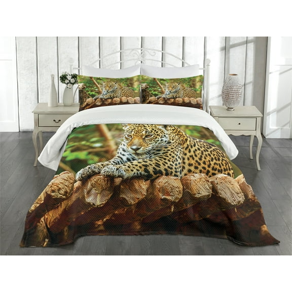 Ambesonne Zoo Quilted Bedspread Set 3 Pcs, Jaguar on Wood Wild Feline, Queen Size, Green Yellow Brown