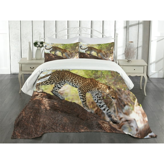 Ambesonne Zoo Quilted Bedspread Set 3 Pcs, Leopard Tree Nature Reserve, Queen Size, Green Pale Brown White