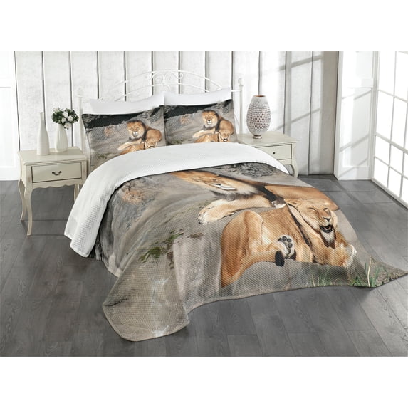 Ambesonne Zoo Quilted Bedspread Set 3 Pcs, Lions Basking in Sun Jungle, Queen Size, Pale Brown Grey Yellow