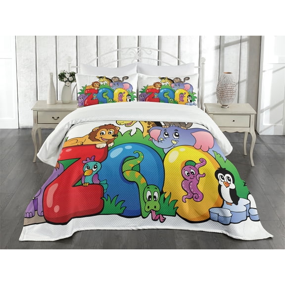 Ambesonne Zoo Quilted Bedspread Set 3 Pcs, Zoo Sign Various Mascots, Queen Size, Multicolor