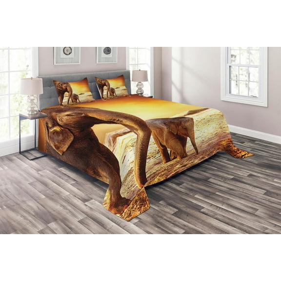 Ambesonne Zoo Quilted Coverlet 3 Pcs, Wild Nature Animal Family Photo, King Size, Dark Orange and Orange