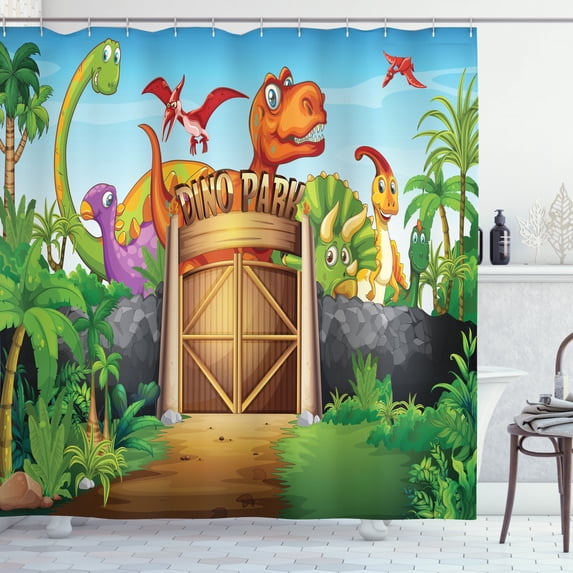 Ambesonne Zoo Shower Curtain, Wild Dinosaurs Park Door, 69"Wx84"L, Multicolor