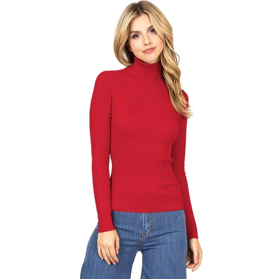 Ambiance Apparel Juniors Ribbed Long Sleeve Turtleneck Top (Small, Red)
