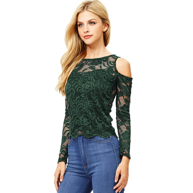 Ambiance Apparel Women's Juniors Long Sleeve Lacey Crop Top