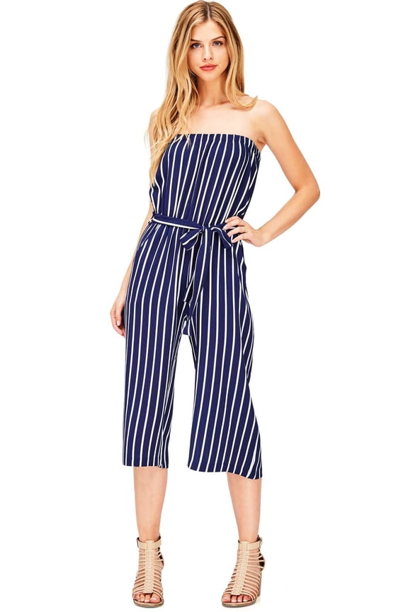 Apparel Women's Juniors Striped Wide Leg Tube Top Jumpsuit (S, Navy)