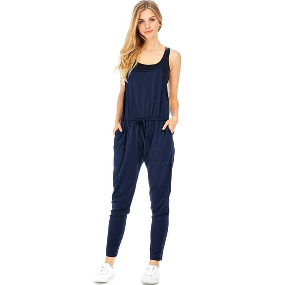 Ambiance Apparel Women's Juniors Terry Cloth Jumpsuit (M, Navy)