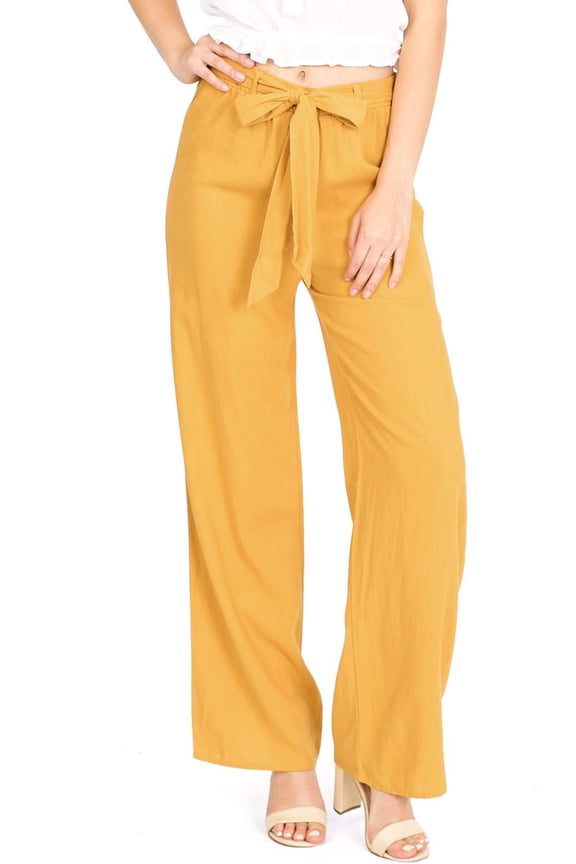 Apparel Women's Juniors Wide Leg Spring Linen Pants (L, Mustard)