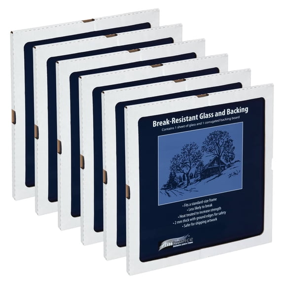 Ambiance Break-Resistant Picture Frame Glass and Backing, 12x12" Pack of 6, for Replacement or Empty Frames, 2mm Thick, Rounded Edges for Safe Handling, White Corrugated Cardboard