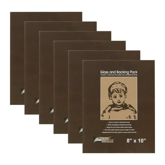 Ambiance Picture Frame Glass and Backing 8x10" - 6 Pack 2mm Thick Glass Sheets with White Corrugated Cardboard Backing Replacement Glass for Open-Back Frames