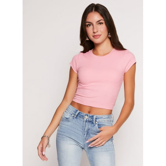 Womens Ambiance Ribbed Knit Crew Neck Crop Top