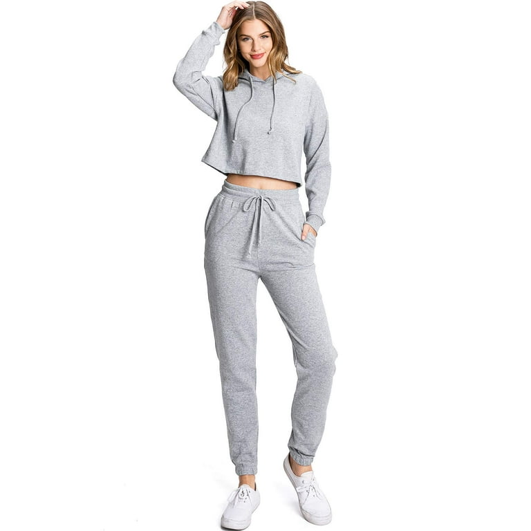 Ambiance Women's Junior's Casual Lounge Crop Hoodie, Jogger Sweat