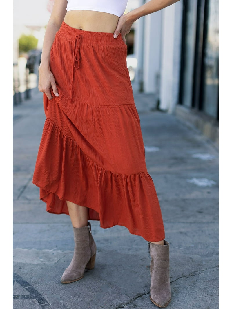 Ambiance Women's Juniors Boho Broomstick Maxi Skirt (Rust, Medium