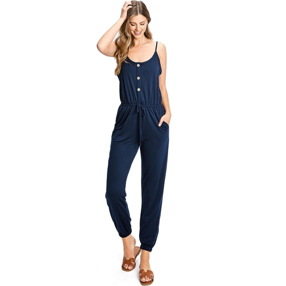 Ambiance Women's Juniors Casual Lounge Jogger Jumpsuit (Navy Blue, Large)