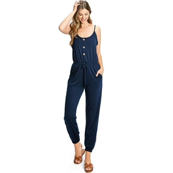Ambiance Women's Juniors Casual Lounge Jogger Jumpsuit (Navy Blue, Medium)